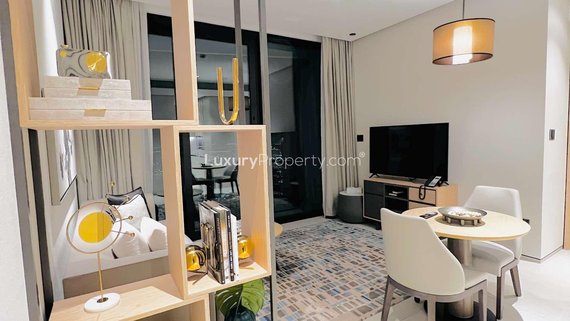 Balcony view from furnished apartment in The Address Jumeirah Resort, JBR, at night