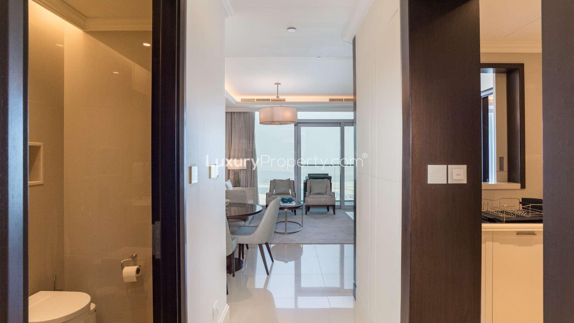 Modern 1-bedroom apartment interior at The Address Fountain Views, Downtown Dubai, with city view