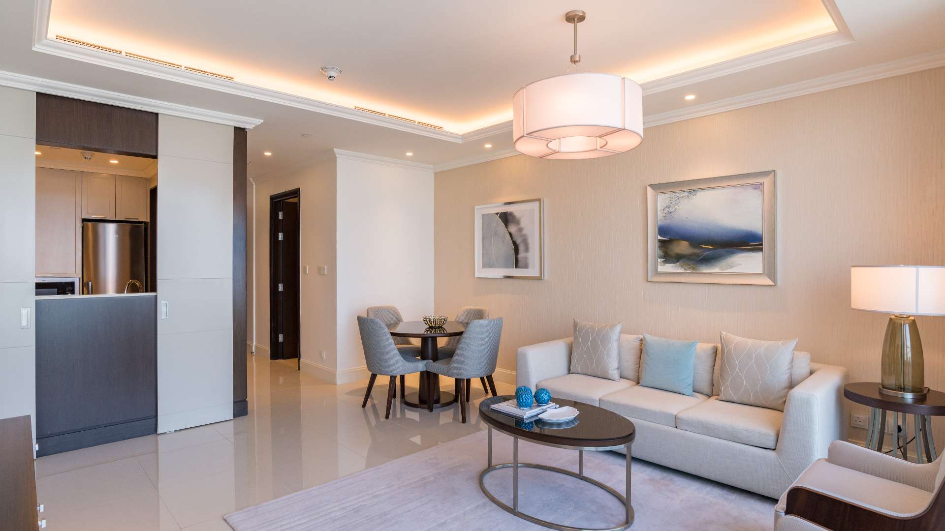 Modern living room in 1-bedroom apartment, The Address Fountain Views, Downtown Dubai