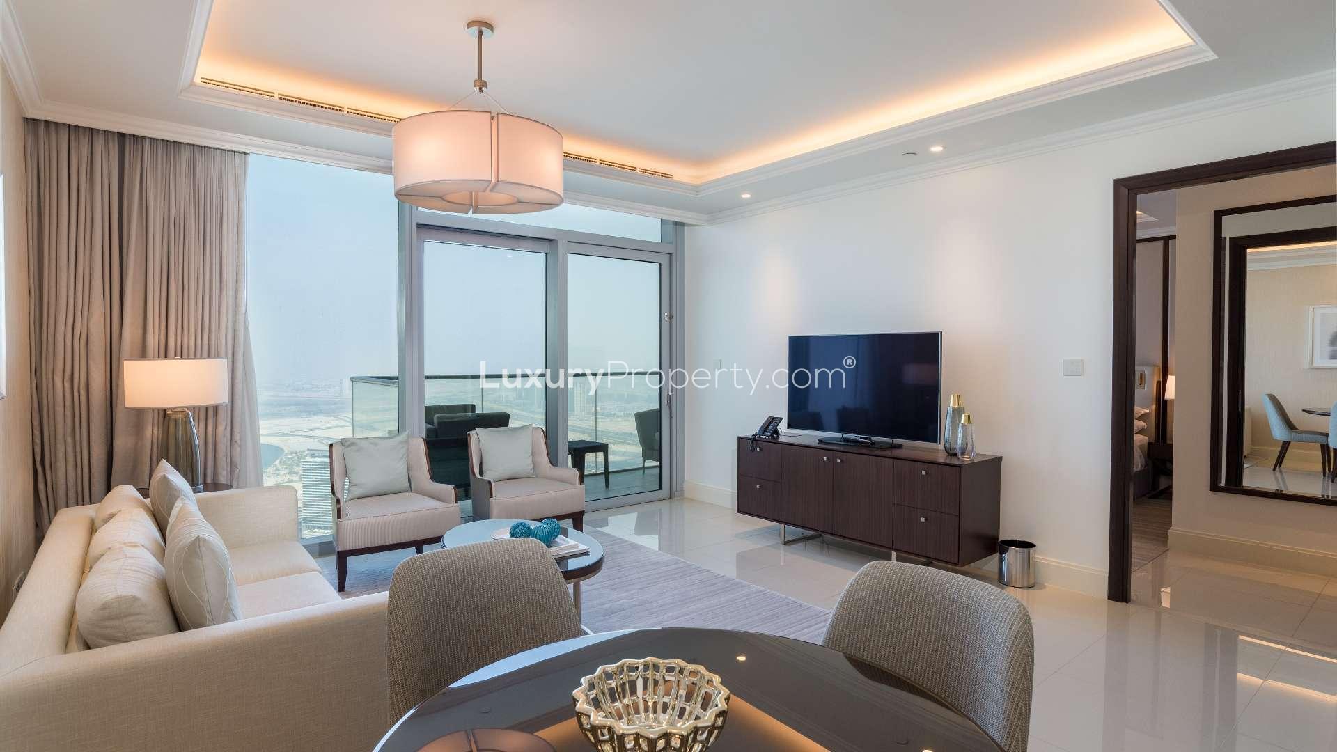 Panoramic city view from balcony, Address Residence Fountain Views, Downtown Dubai apartment for rent