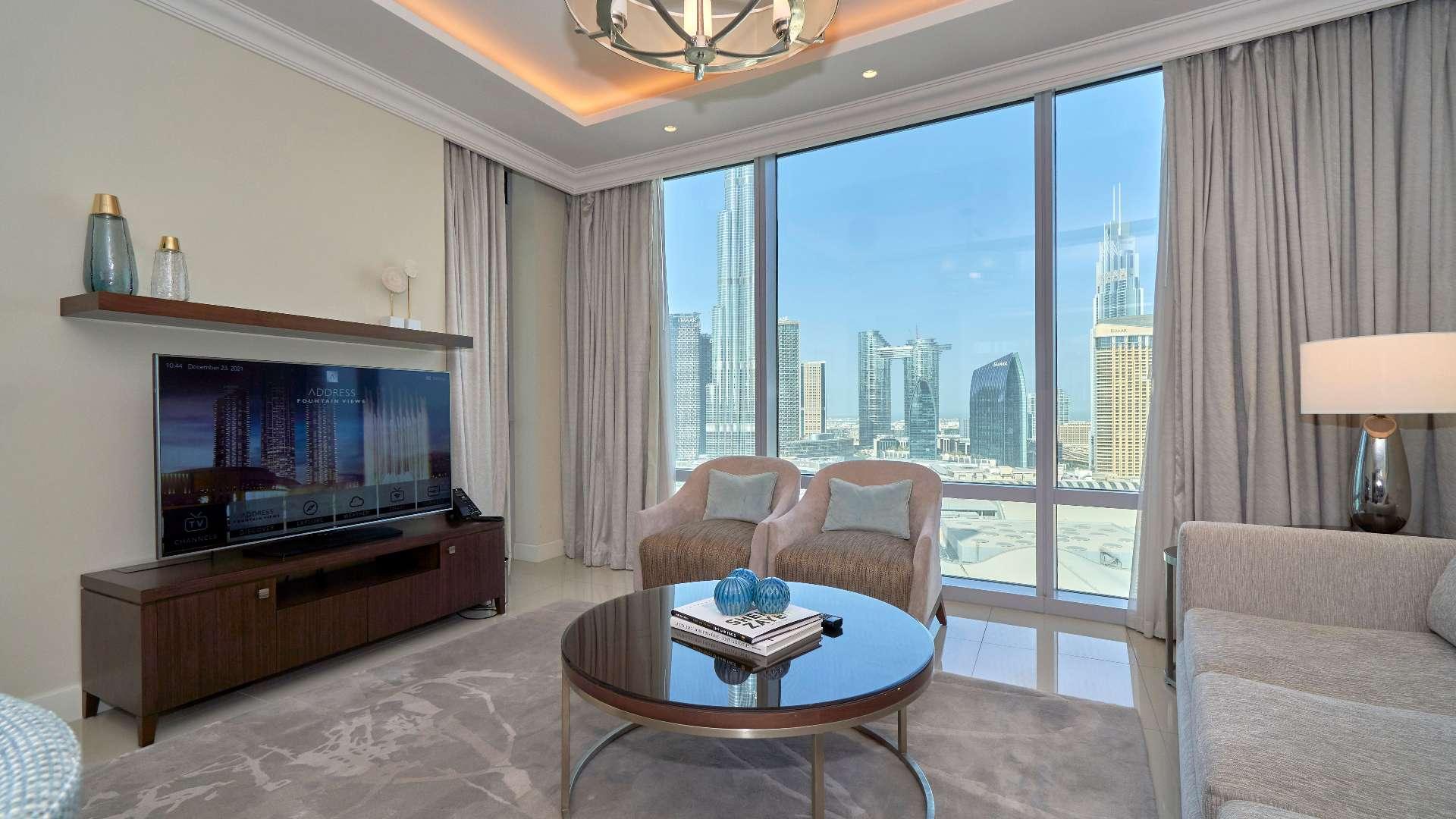 Stunning view of Downtown Dubai skyline from The Address Fountain Views apartment