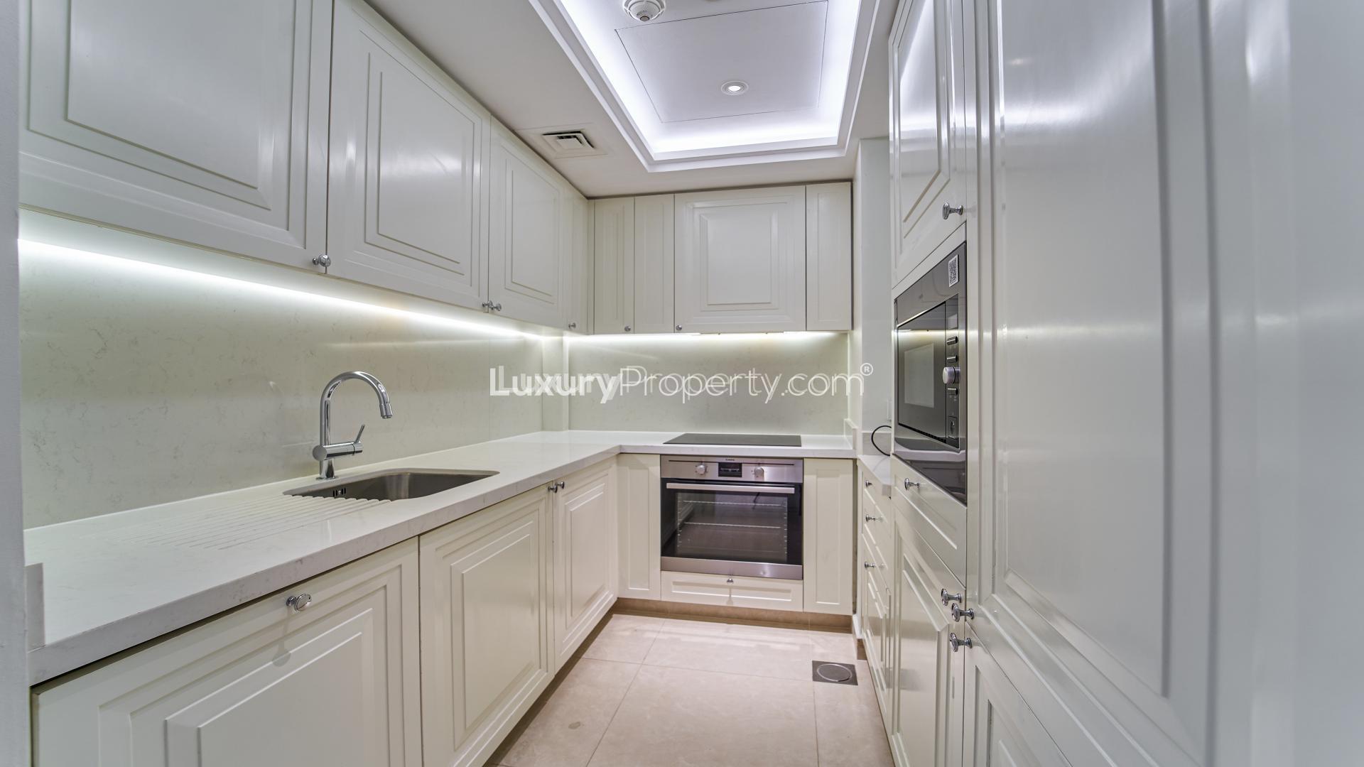 Skyline view from furnished one-bedroom apartment in Downtown Dubai, Kempinski BLVD, for rent