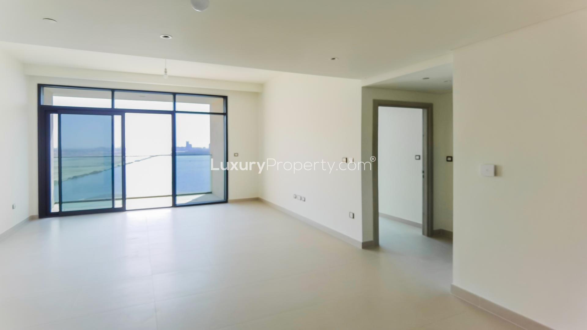 Modern apartment view overlooking Dubai Creek Harbour skyline and water, The Cove community