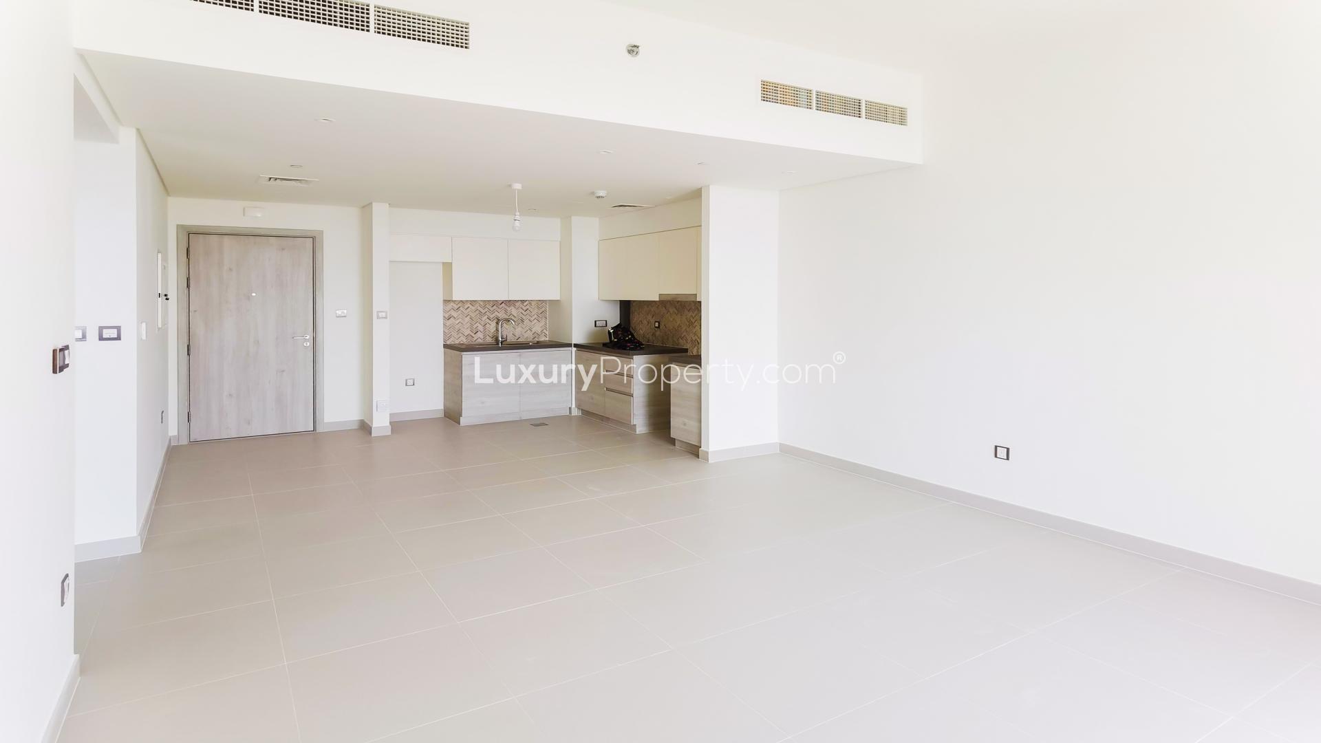 Luxurious apartment view of Dubai Creek Harbour skyline from The Cove balcony