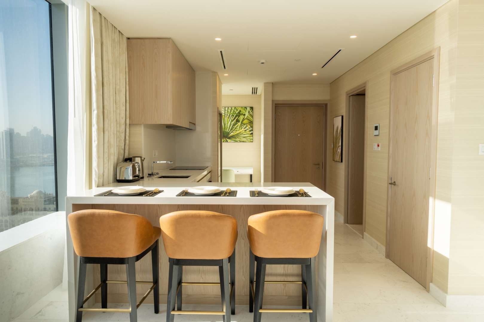 High-floor Palm Tower apartment living room with modern decor, Palm Jumeirah