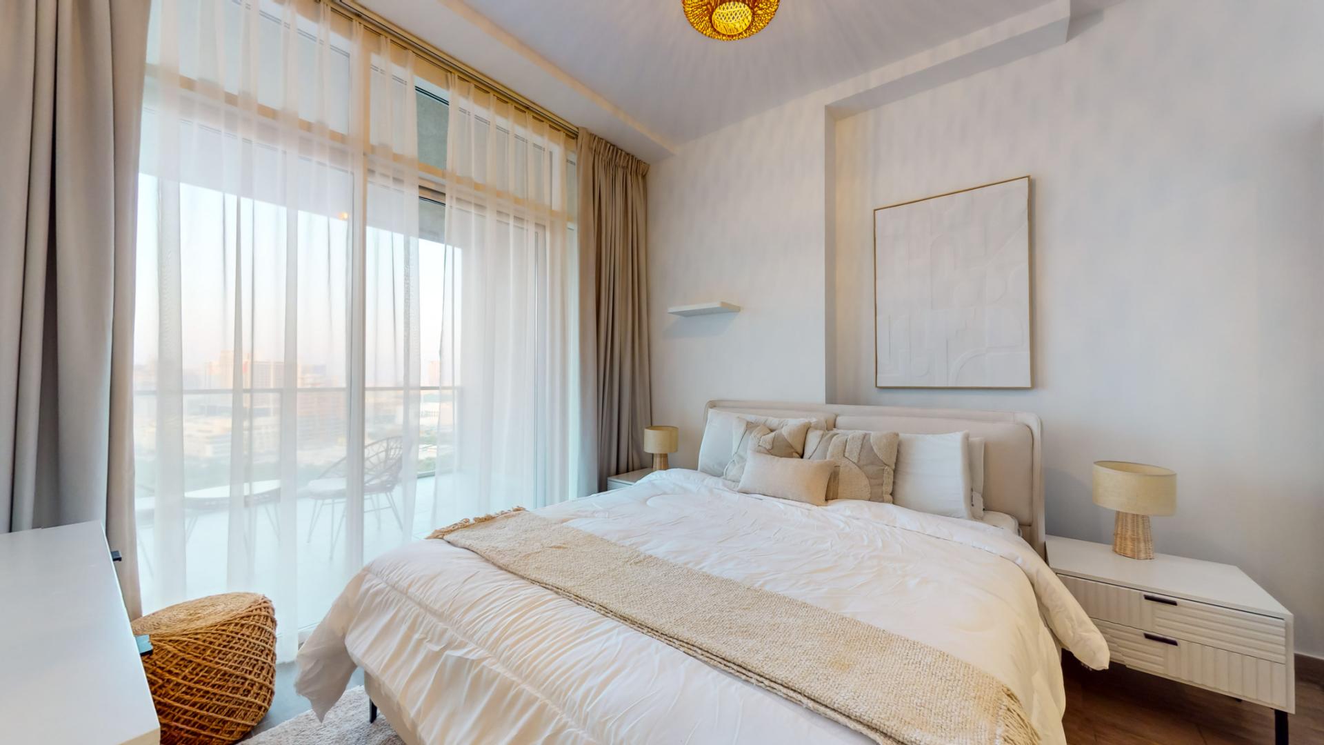 Furnished kitchen and dining area in Zaya Hameni apartment, Jumeirah Village Circle, for rent