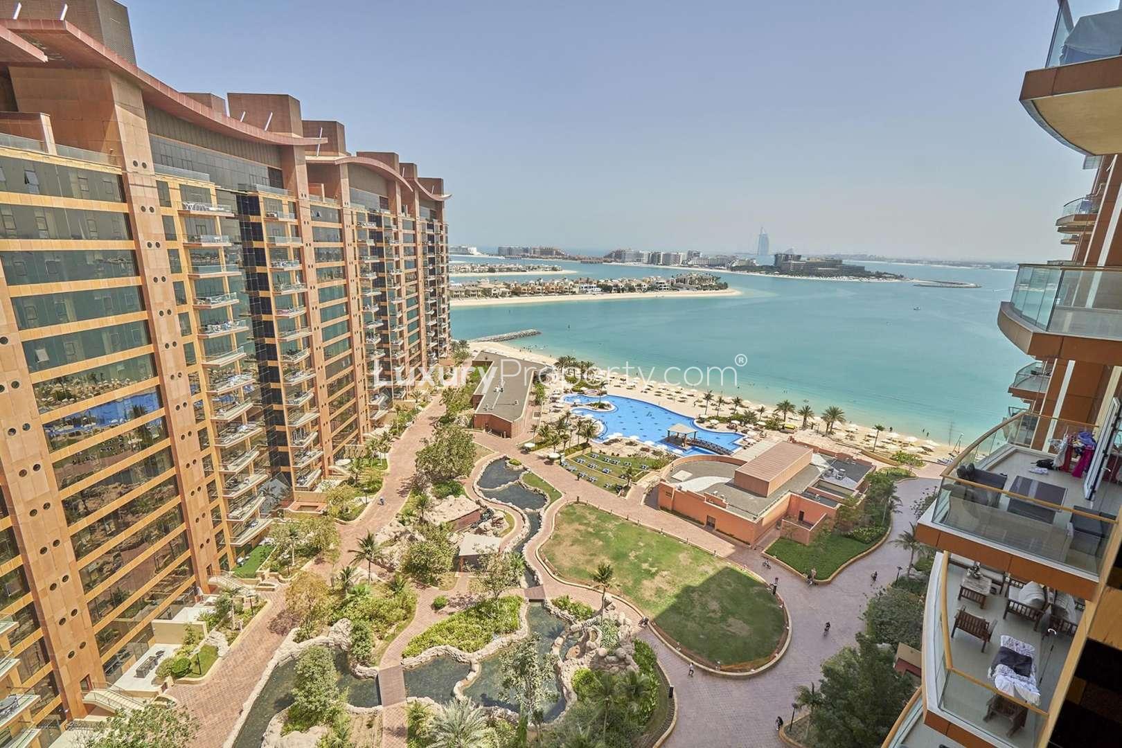 Balcony view from 1-bedroom apartment in Tiara Residences, Palm Jumeirah, overlooking the sea