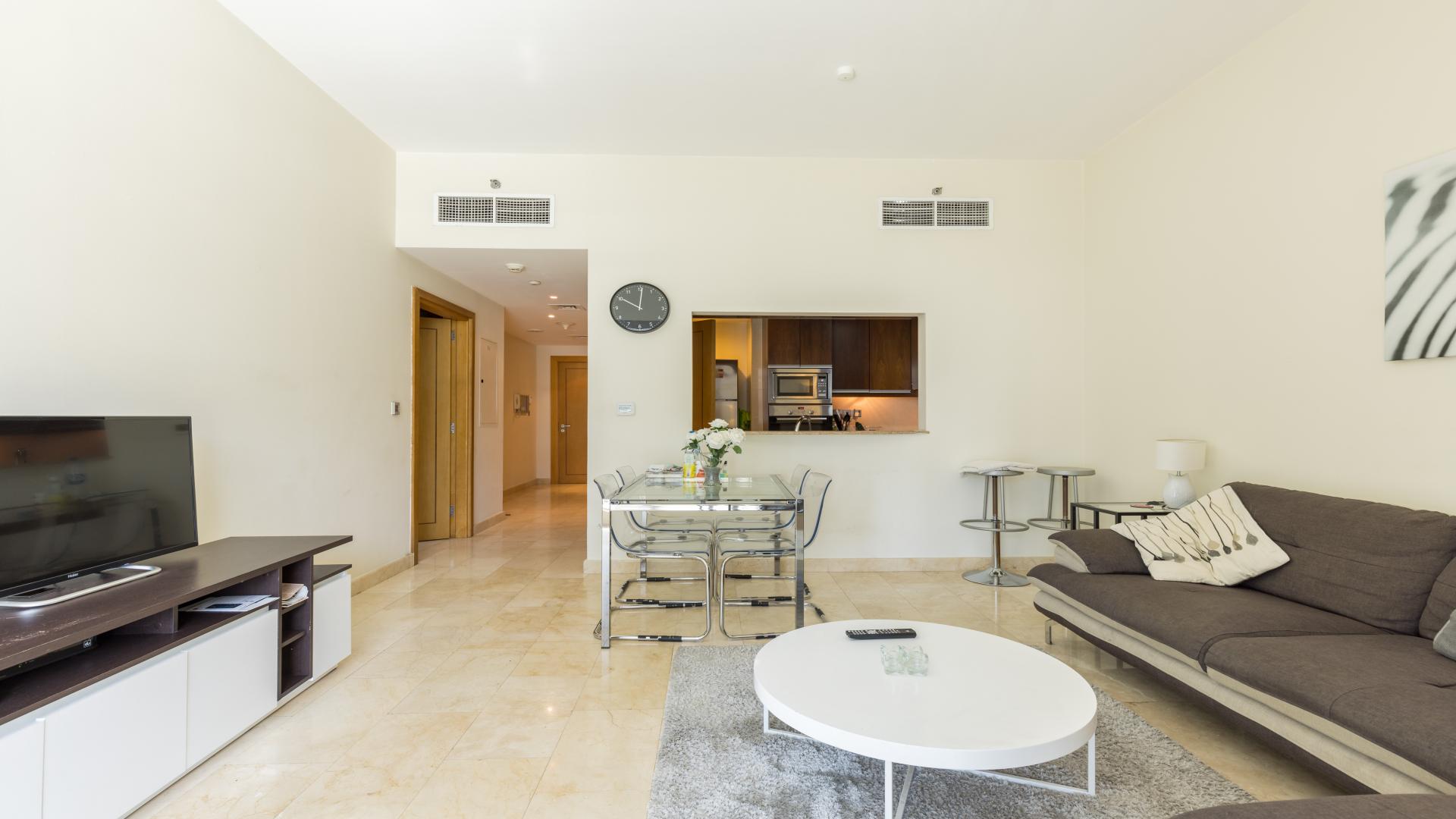 Stylish living area in one-bedroom apartment, Trident Bayside, Dubai Marina, available for rent