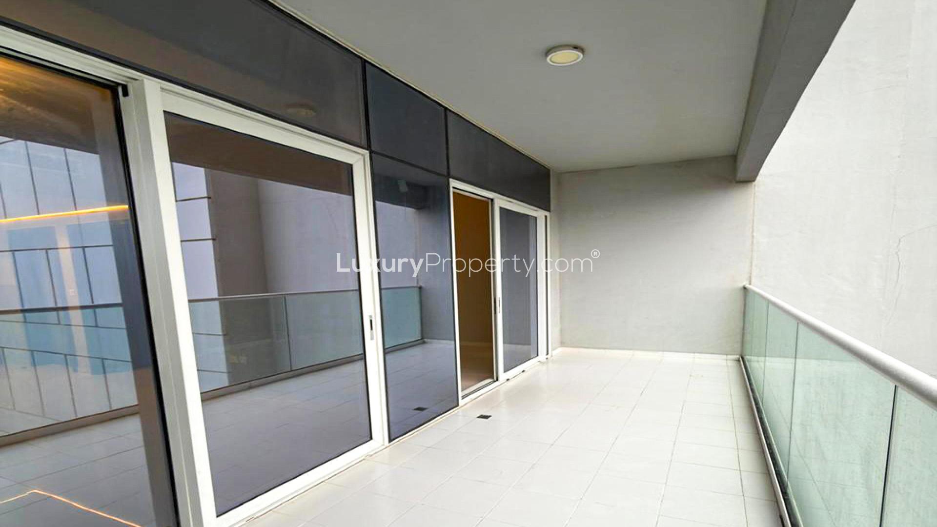 Modern living room with large window in Vera Residences, Business Bay apartment for rent