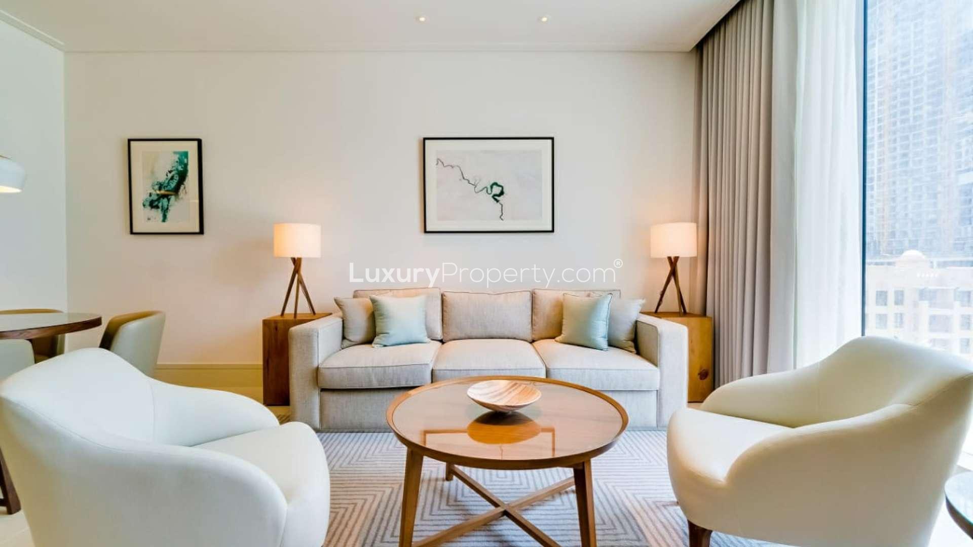 Modern living room in luxury one-bedroom apartment, Vida Residence, Downtown Dubai