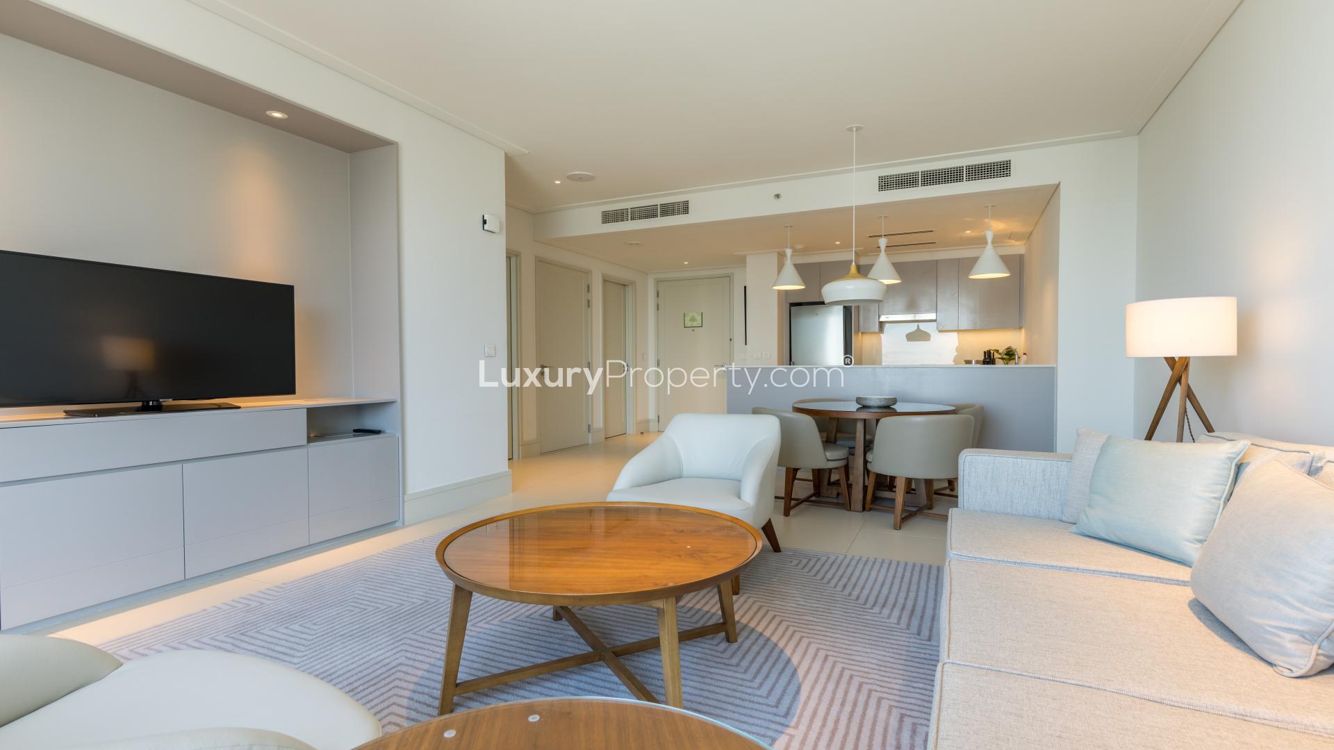 Luxurious living room in 1-bed apartment, Vida Residences, Downtown Dubai, modern furnishings, city view