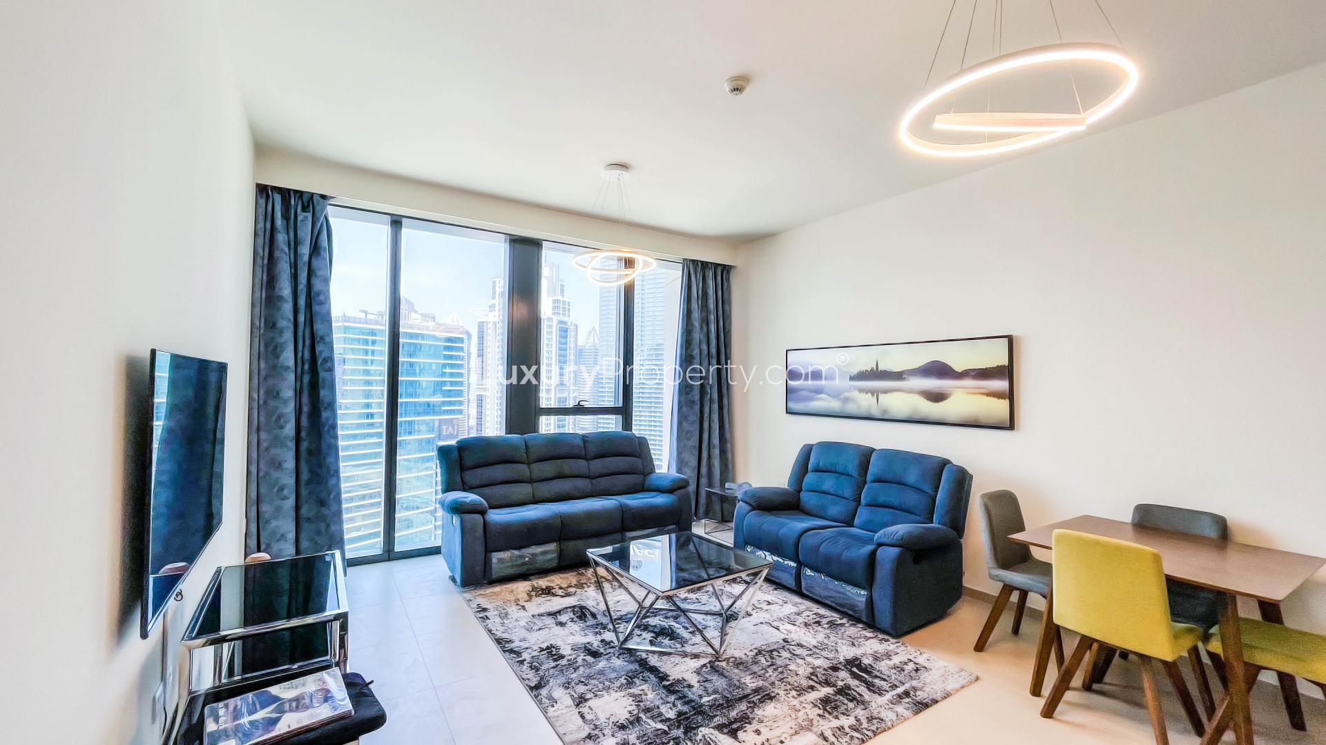 Modern living room in luxury 1-bedroom apartment, BLVD Heights, Downtown Dubai, skyline view