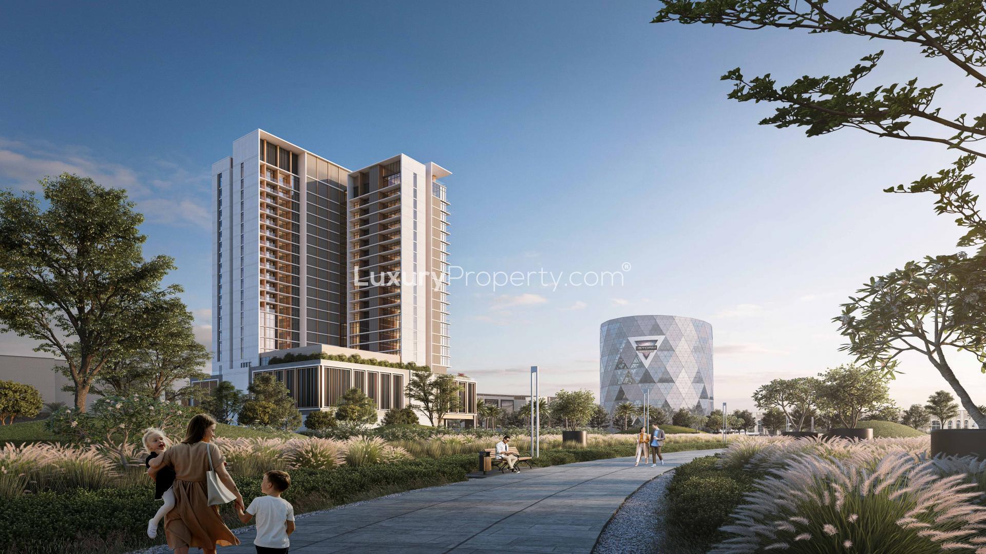 Exterior view of Mallside Residences apartment building in Dubai Hills Estate