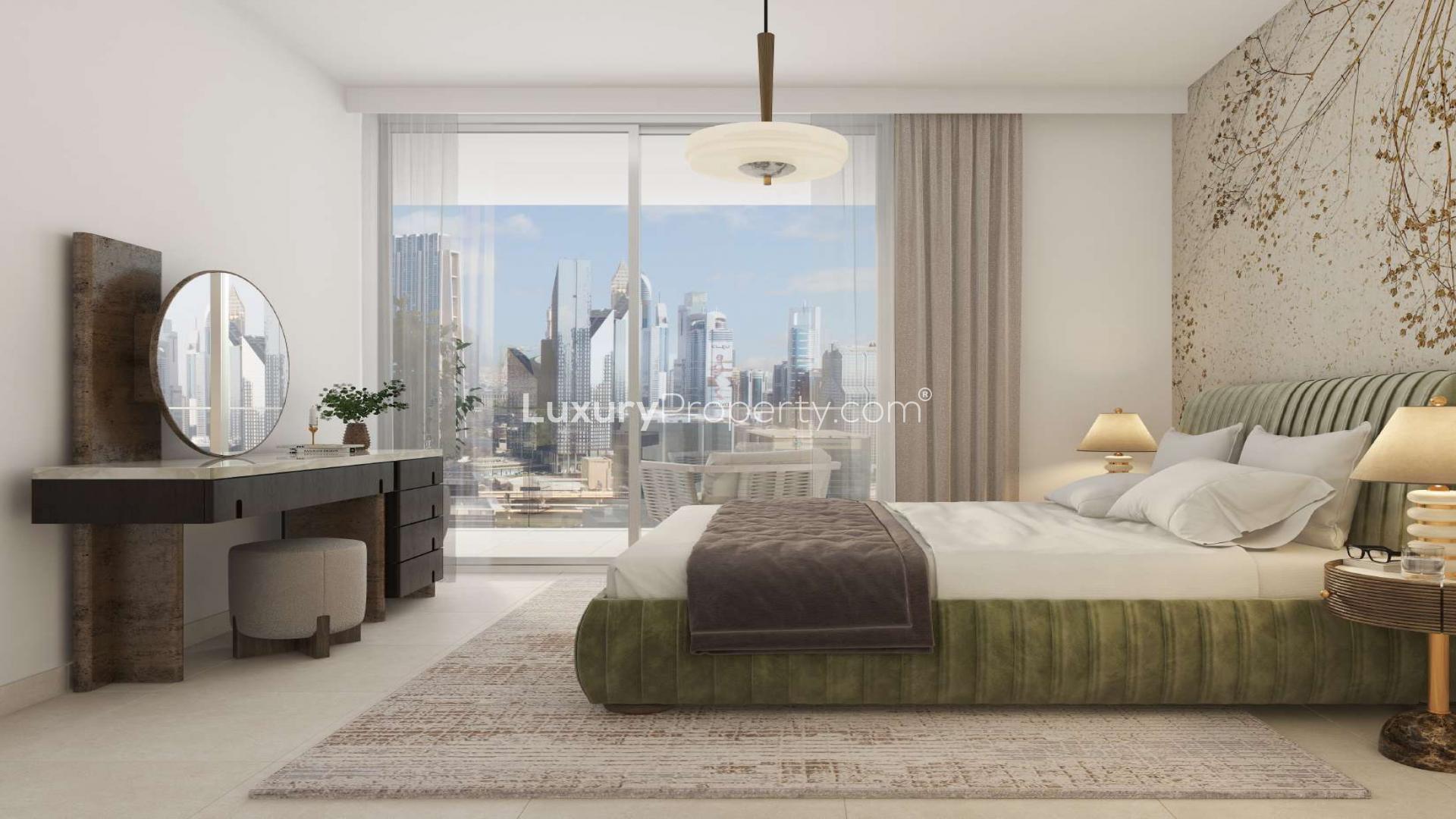 Modern Business Bay apartment living room with city view, stylish furniture, and elegant decor