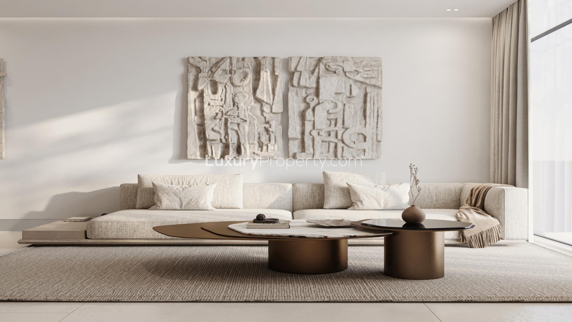 Modern living room in Aveline one-bedroom apartment, Jumeirah Village Circle, for sale