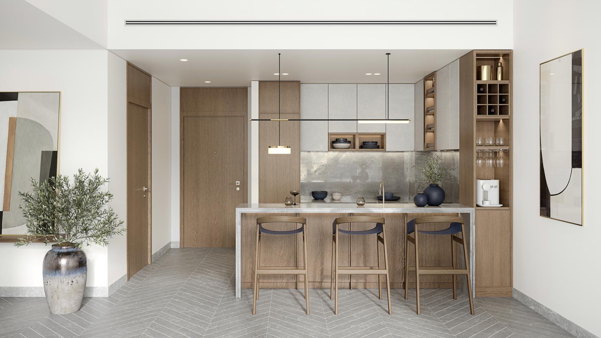 "Spacious living area in The Crestmark apartment, Business Bay, with city views and modern decor.",Modern kitchen interior in luxury The Crestmark apartment, Business Bay, featuring elegant design