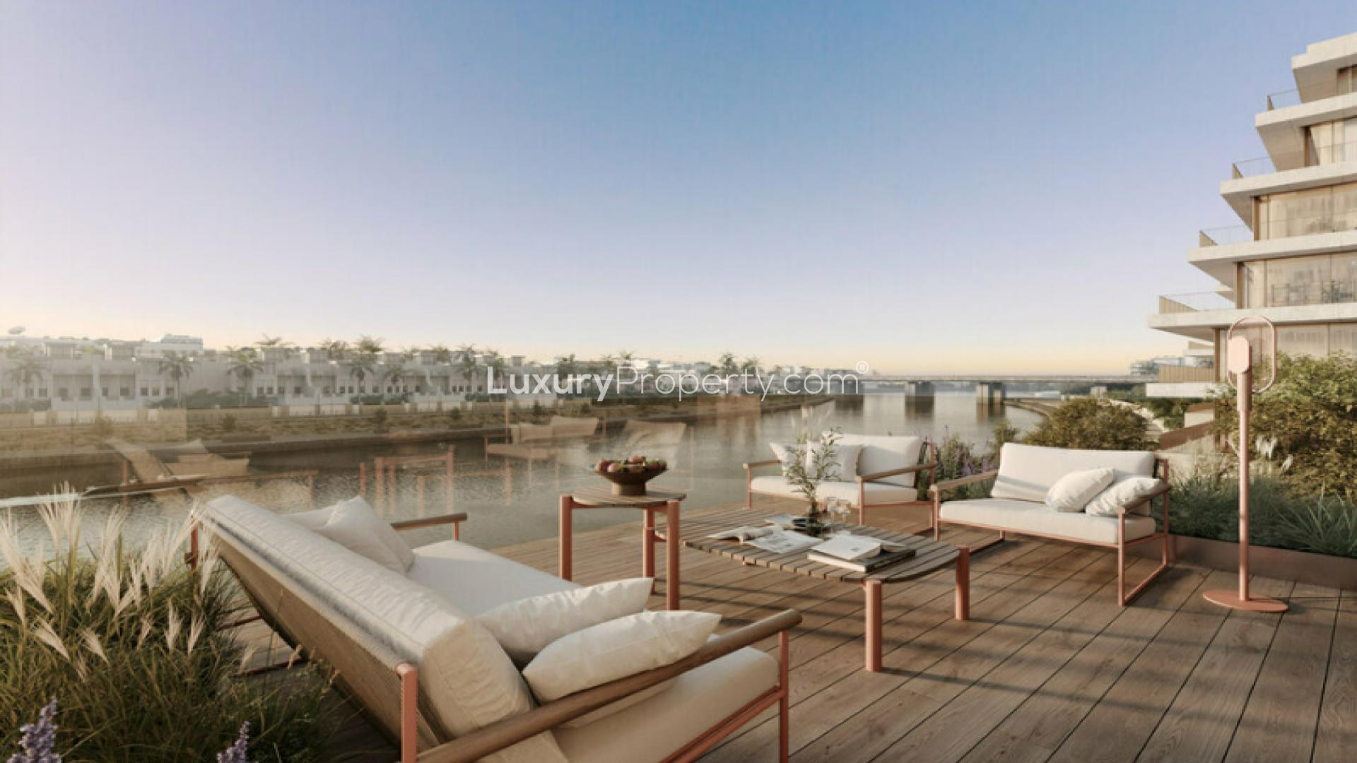 Modern living and dining area in Eden House apartment, Al Satwa, for sale