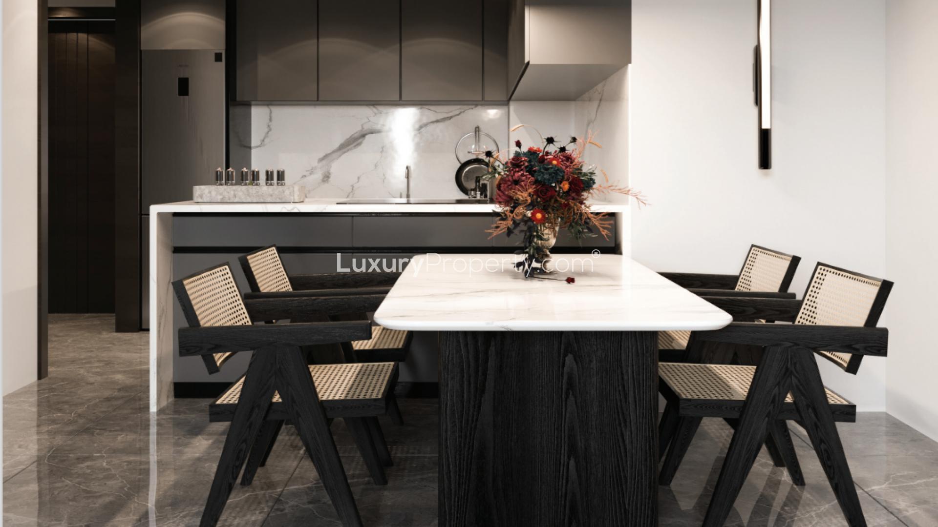 Modern living room in one-bedroom apartment, Lilium Tower, Jumeirah Village Triangle