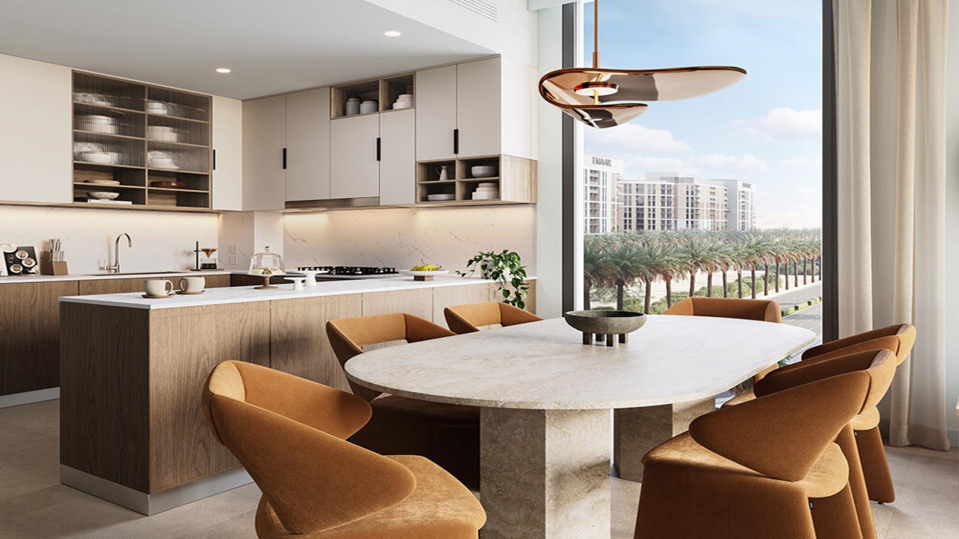 Modern living room in Dubai Hills Estate apartment, featuring stylish decor and large windows