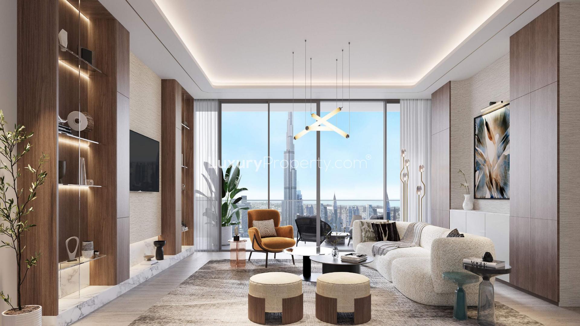 Rixos Financial Road Dubai Residences with Burj Khalifa view at sunset, Downtown Dubai