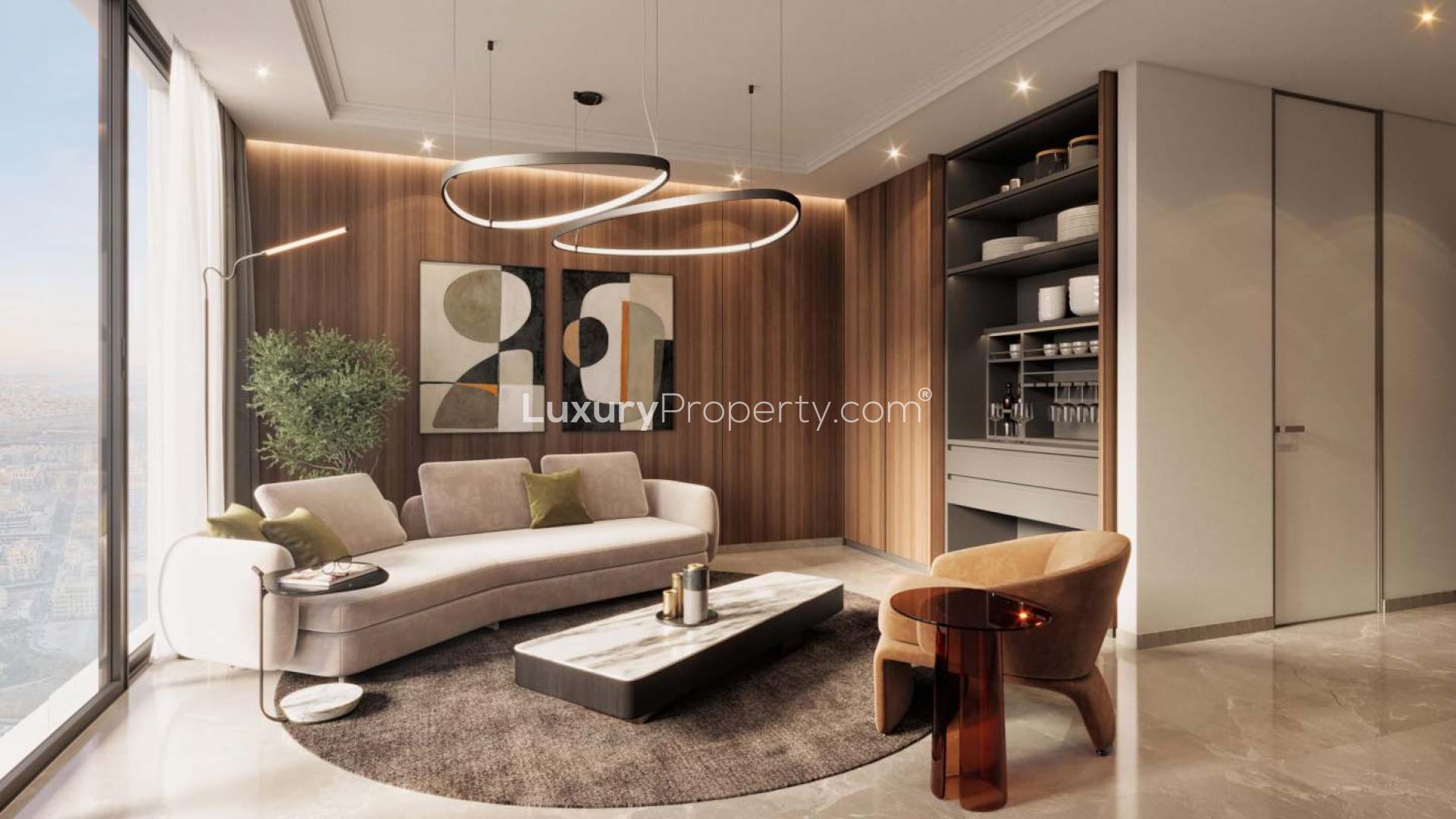 Modern living room in Helvetia one-bedroom apartment, Jumeirah Village Circle, with elegant decor