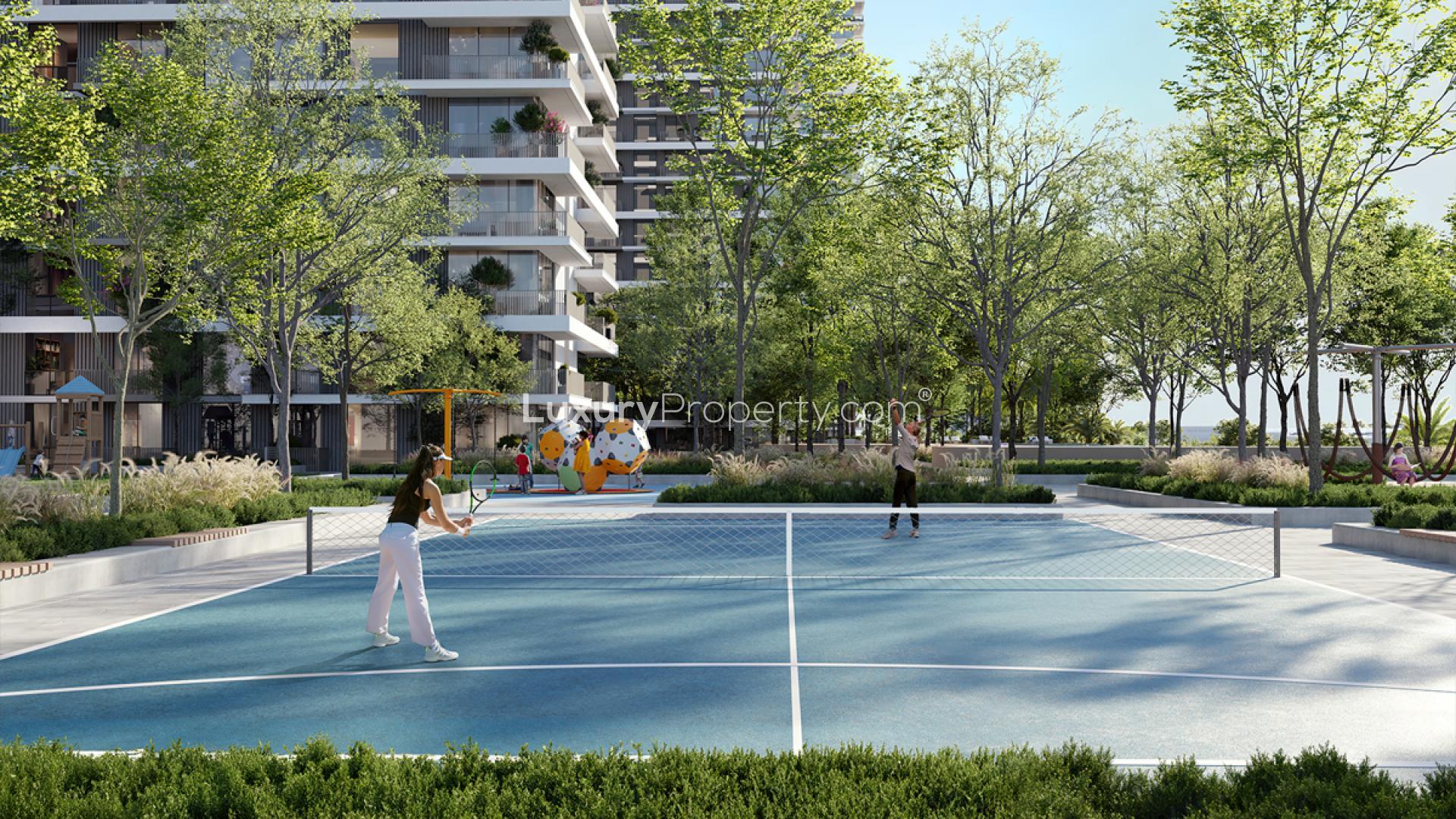 "Palace Residences Dubai Hills Estate apartment view with pool and lush greenery LP40472.",Tennis court view at Palace Residences, Dubai Hills Estate apartment for sale