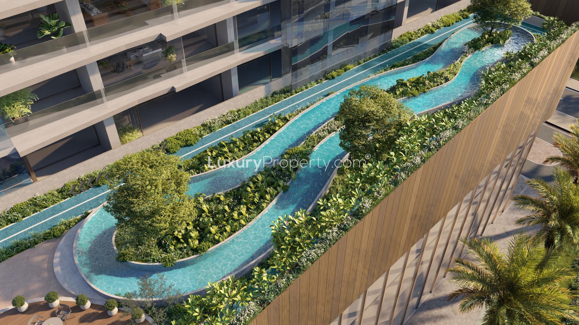 Luxurious poolside view at Skyhills Residences, Dubai Science Park apartment for sale