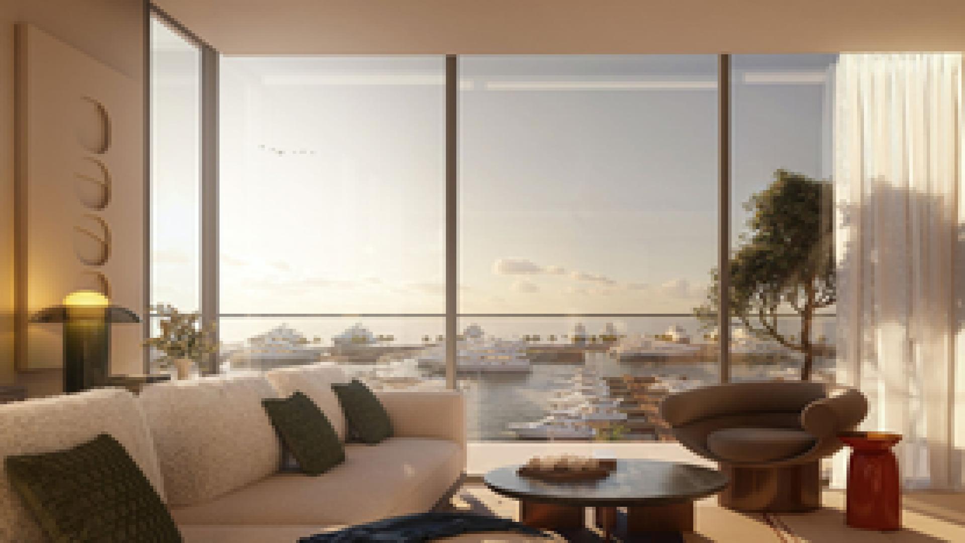 Luxurious waterfront apartment balcony with marina views at sunset, Rashid Yachts and Marina