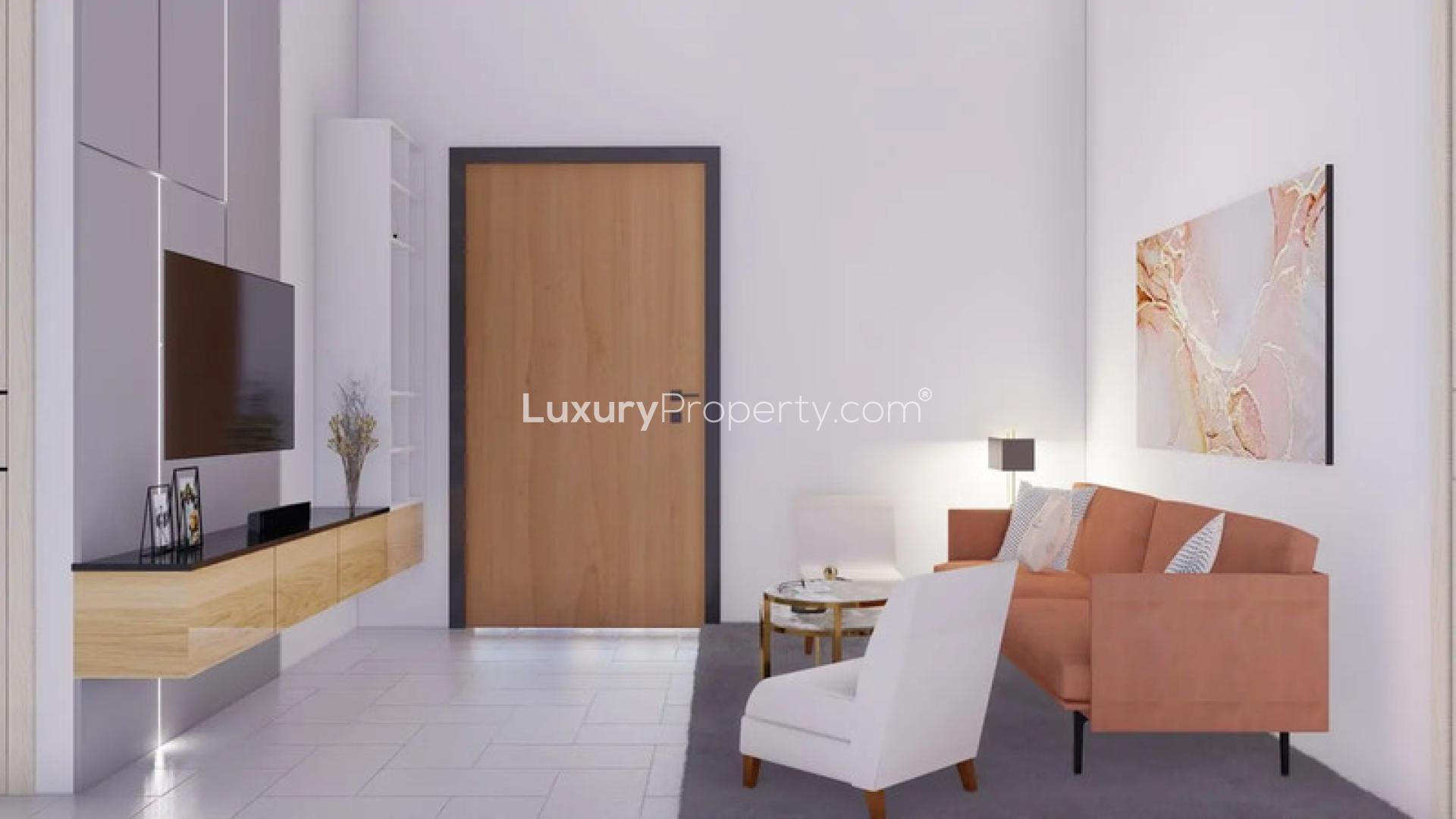 Sophisticated open-plan living area in Park Lane one-bedroom apartment, Jumeirah Village Circle