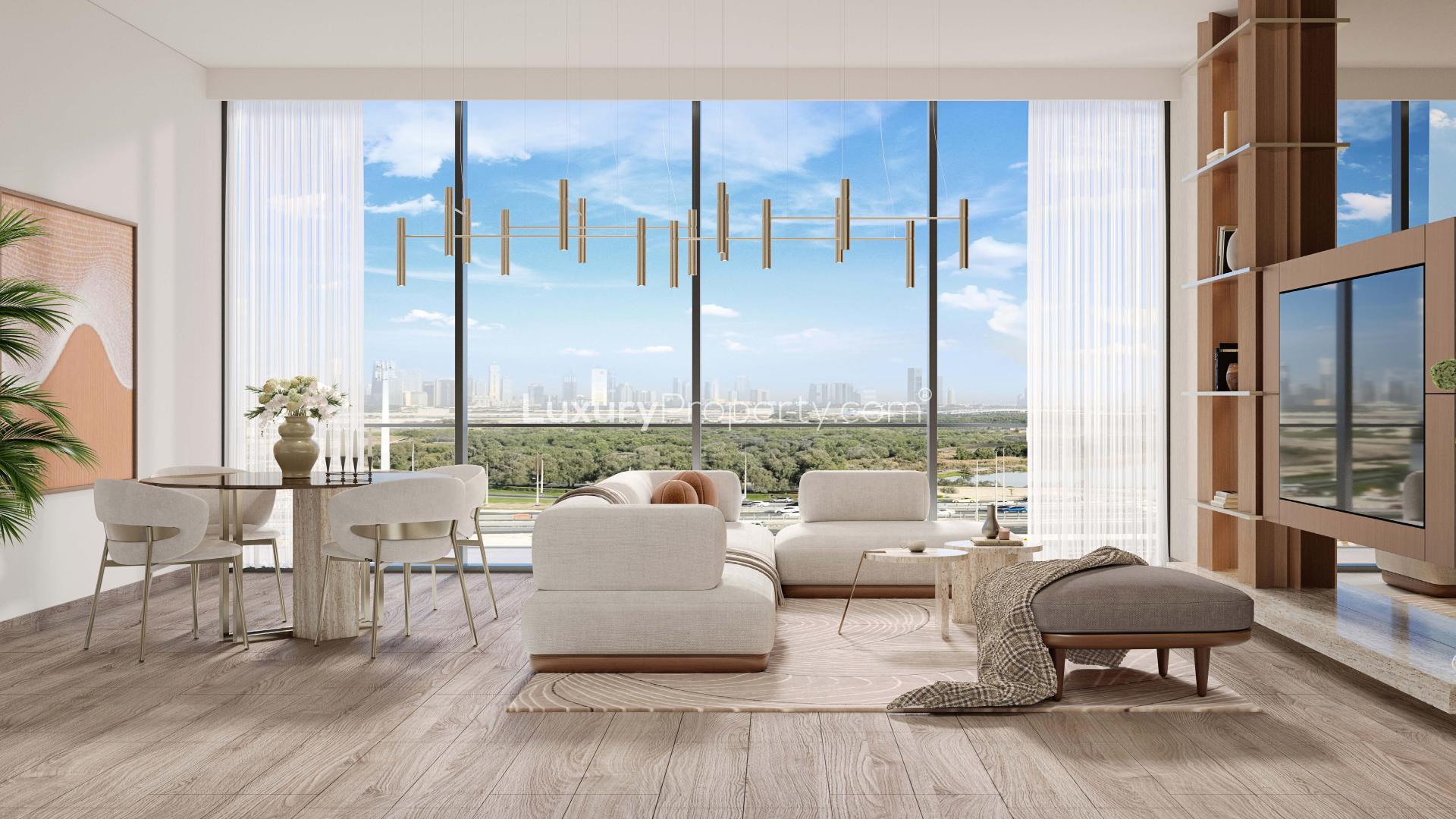 Luxurious living room in 1-bed apartment at Belgrove Residences, Mohammed Bin Rashid City