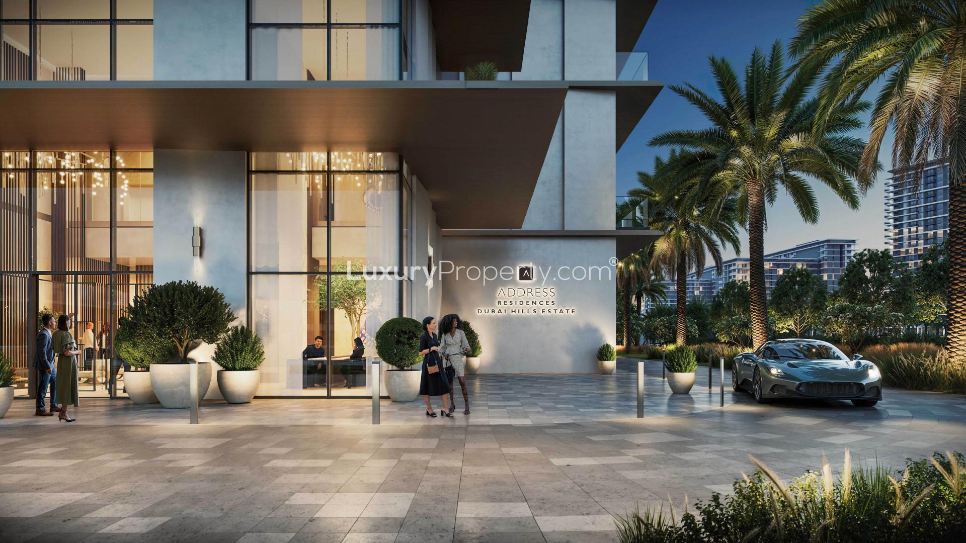 Luxurious lobby at Address Residences, Dubai Hills Estate, featuring modern decor and seating