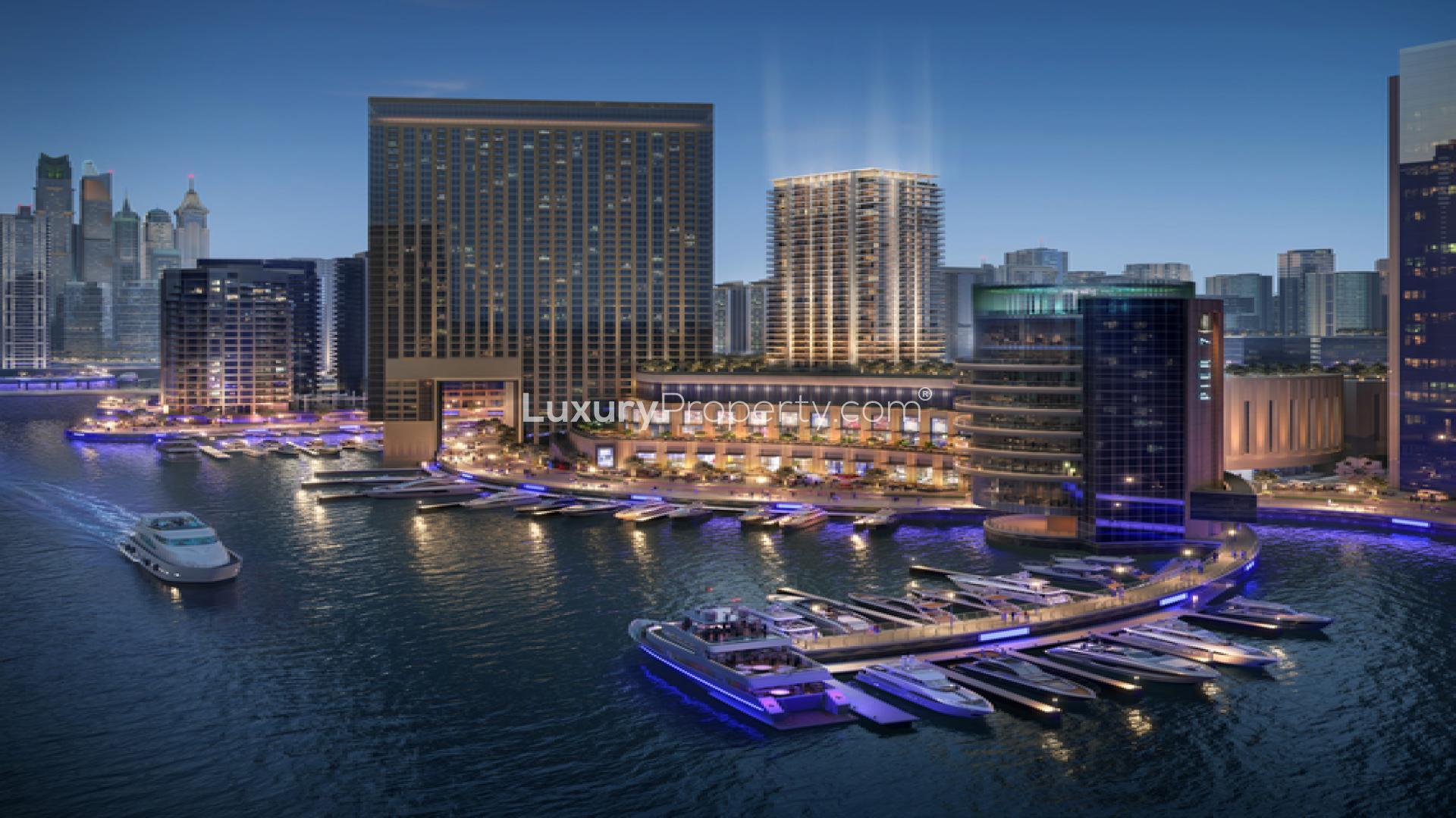 Dubai Marina night skyline with luxury yachts and skyscrapers near Marina Cove apartment