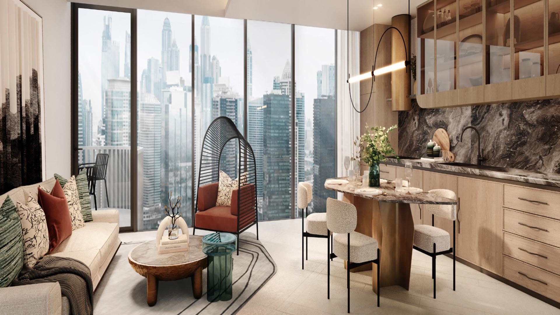 "Modern W Residences apartment exterior with balconies, Jumeirah Lake Towers skyline view, Dubai.",Modern living room in 1-bedroom apartment, W Residences JLT, with city skyline view