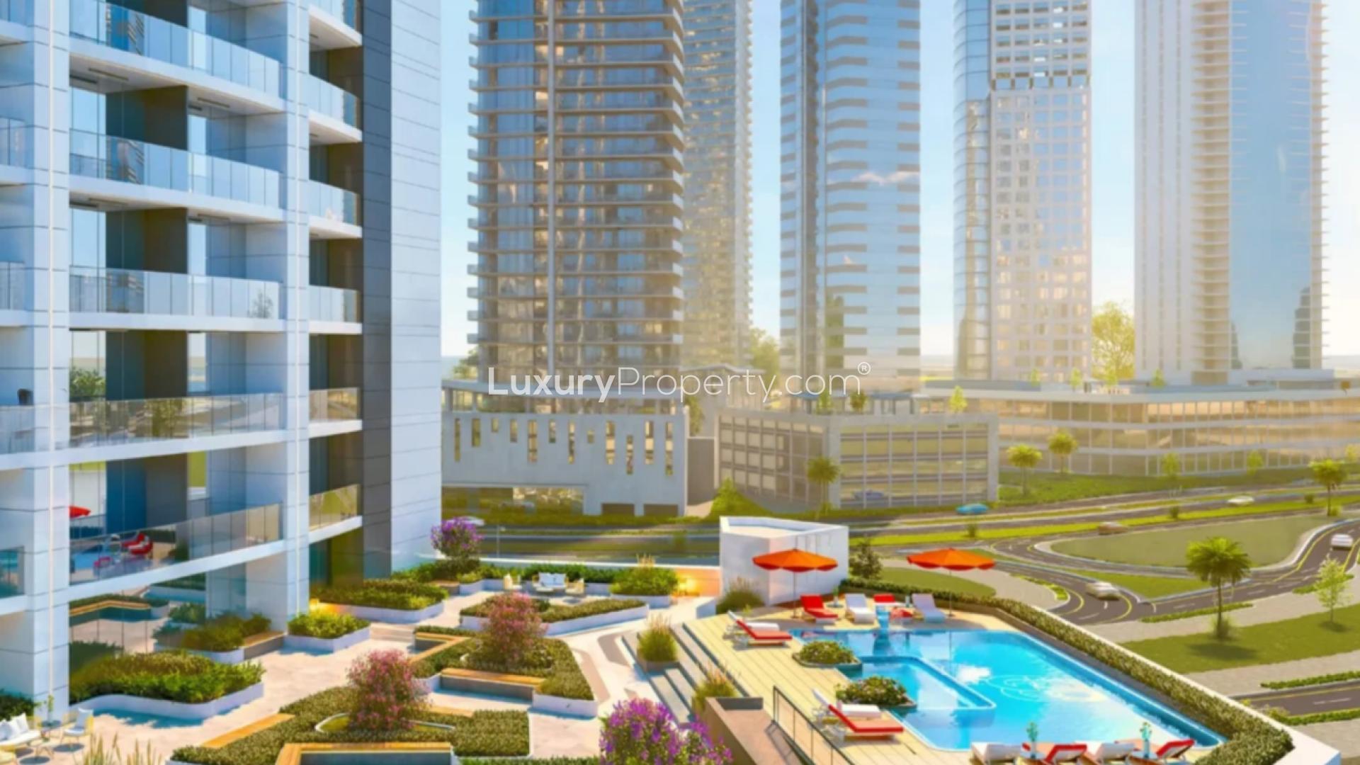 Aerial view of Dubai Marina skyline with modern high-rises and waterfront at dusk