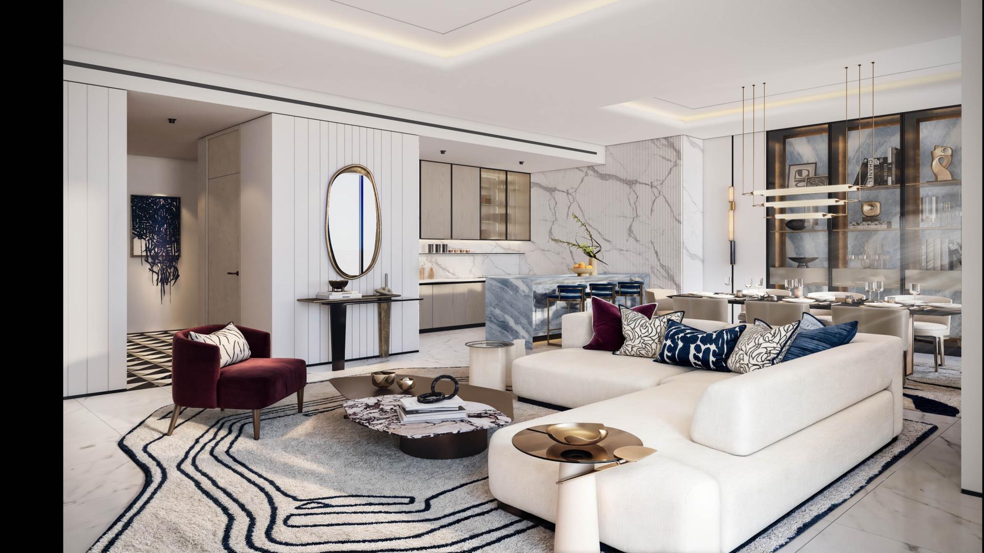 "Modern Sofitel Residence exterior with glass balconies in Downtown Dubai, Burj Khalifa view.",Modern living room in Sofitel Residences Downtown, elegant decor, open layout, luxury apartment