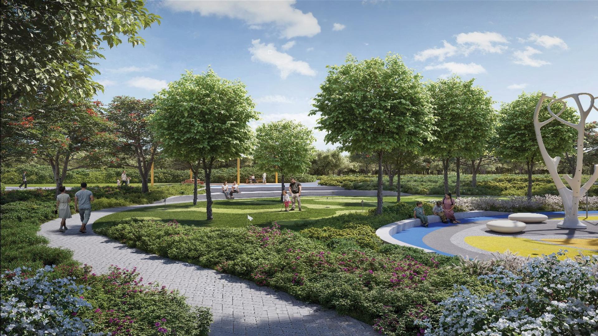 Vibrant park view in Hillsedge, Dubai Hills Estate with playground and lush greenery