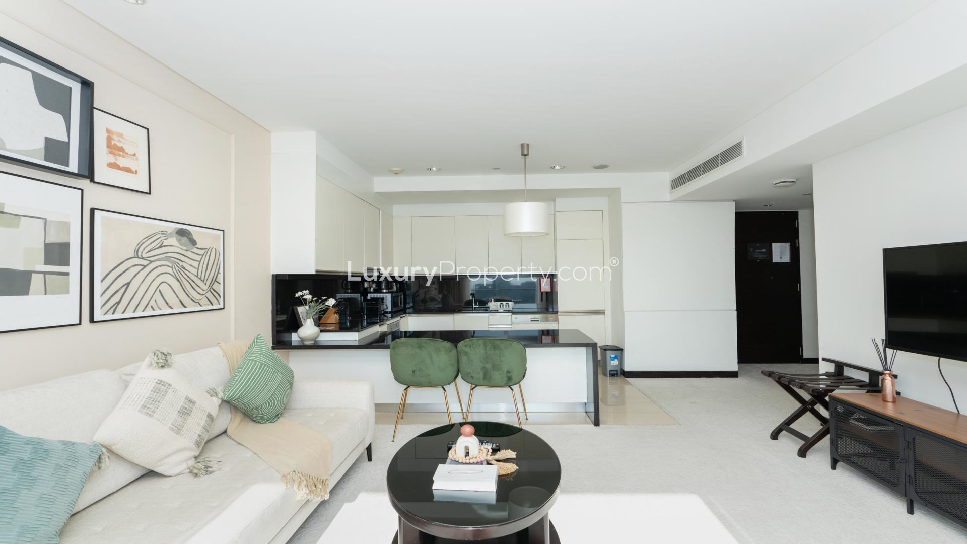 High-floor furnished apartment interior with modern decor, Dubai Marina, JW Marriott Hotel