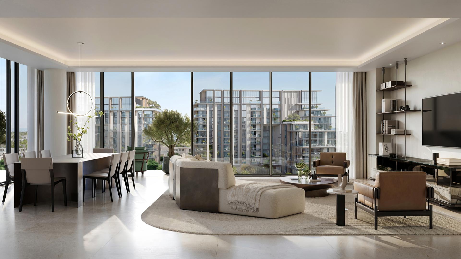 Modern living room in premium 1-bedroom apartment, City Walk Crestlane, with stylish furniture