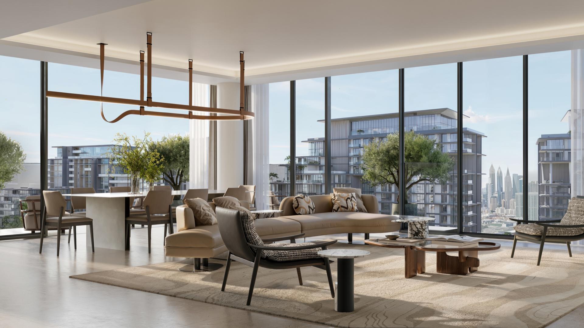 Elegant living room in 1-bedroom apartment, City Walk Crestlane, featuring modern furnishings and large windows