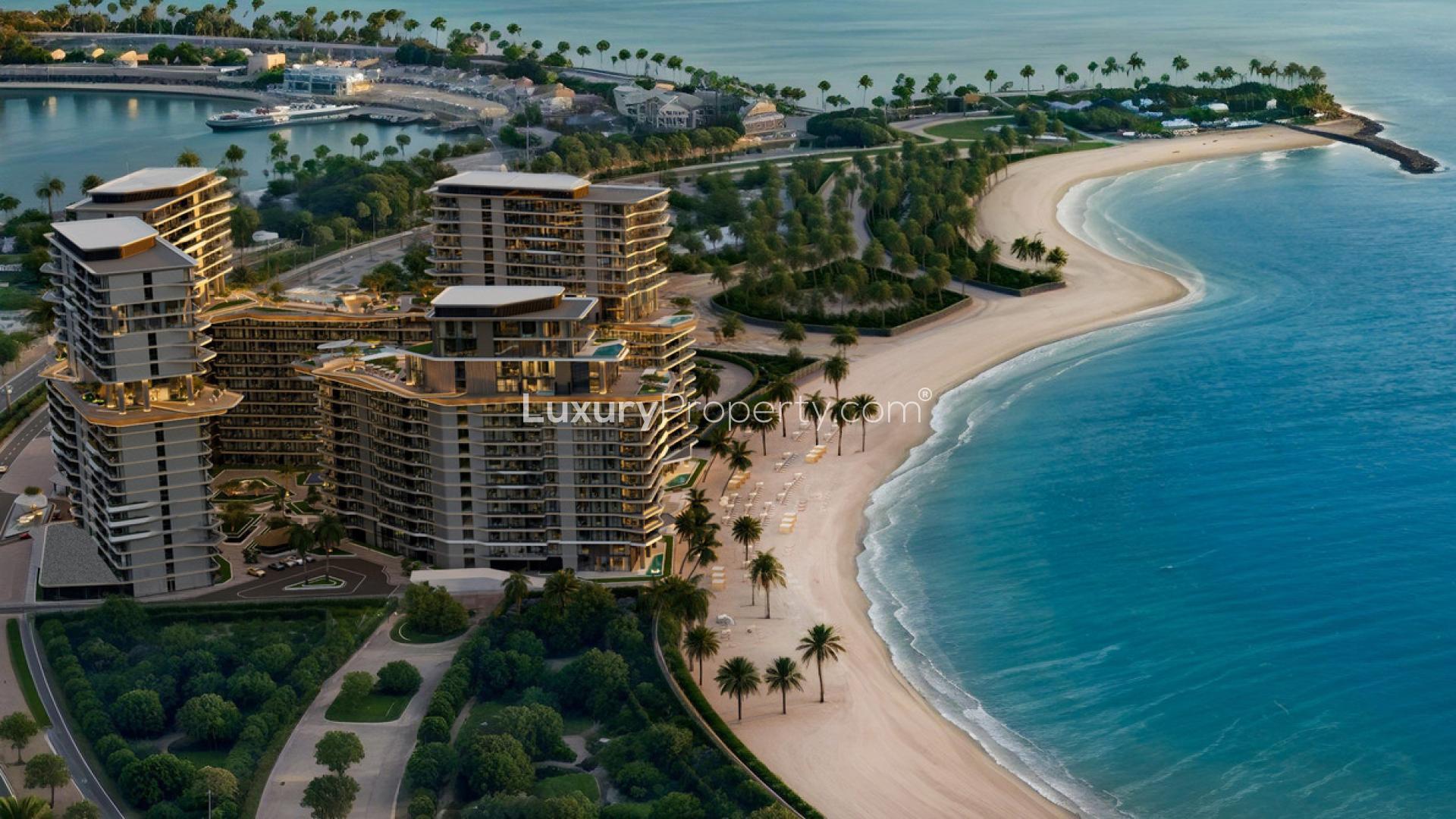 Beachfront apartment balcony view at sunset, Costa Mare, Al Marjan Island, RAK