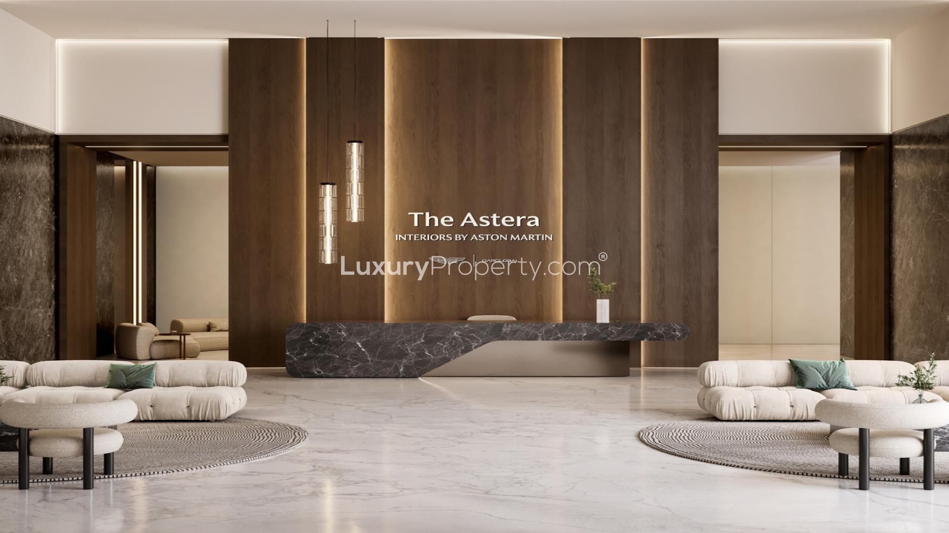 Luxury beachfront apartment view at The Astera, Al Marjan Island with ocean and skyline