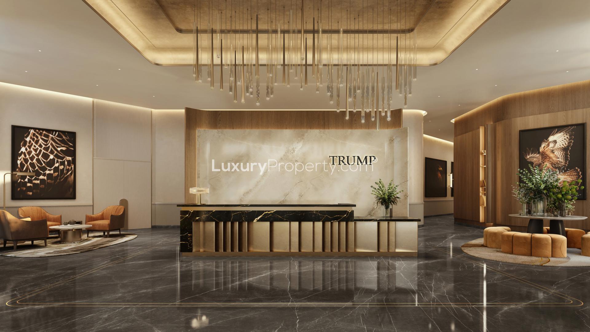 Luxury dining room in Trump Tower Jeddah apartment, featuring elegant design and chandelier