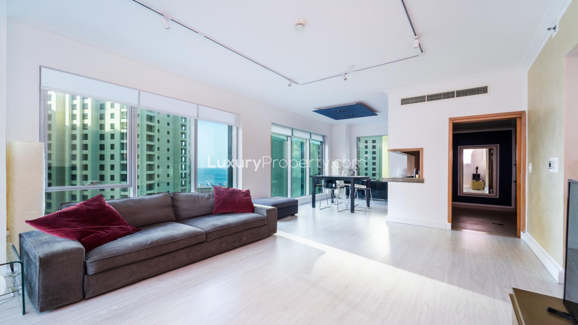 Balcony view from 1-bedroom apartment in Shemara Tower, Dubai Marina, overlooking cityscape