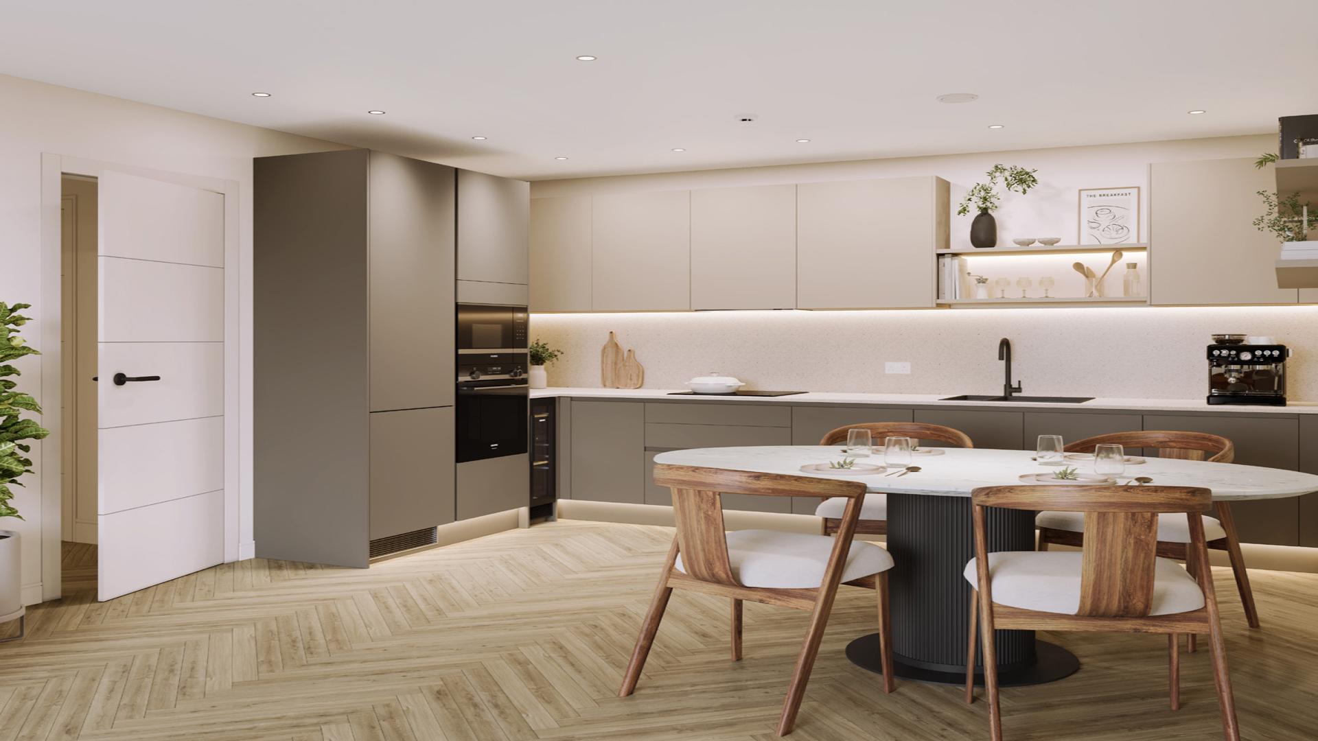 Balcony view from elegant 1-bed apartment in London Square Wandsworth Common, overlooking park