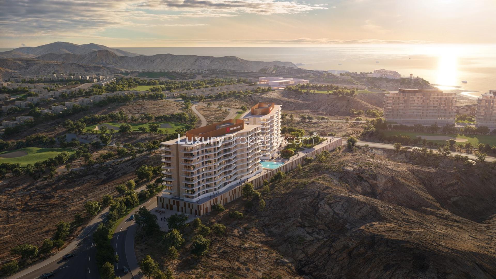 Modern living room with ocean view in 1-bedroom apartment, AIDA, Muscat, Marriott Residences