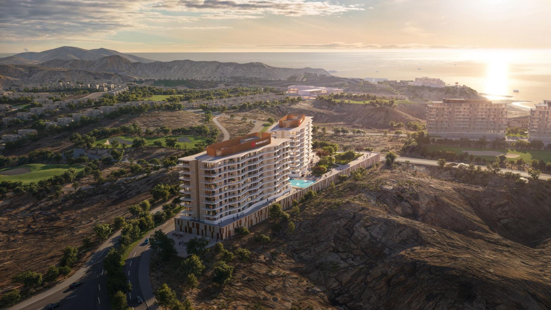 Modern living room with ocean view in 1-bedroom apartment, AIDA, Muscat, Marriott Residences