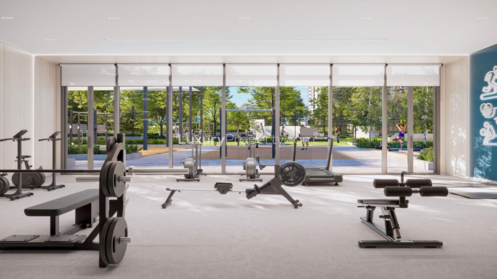 High-floor bedroom in Parkland Apartment, Dubai Hills Estate, with scenic window view