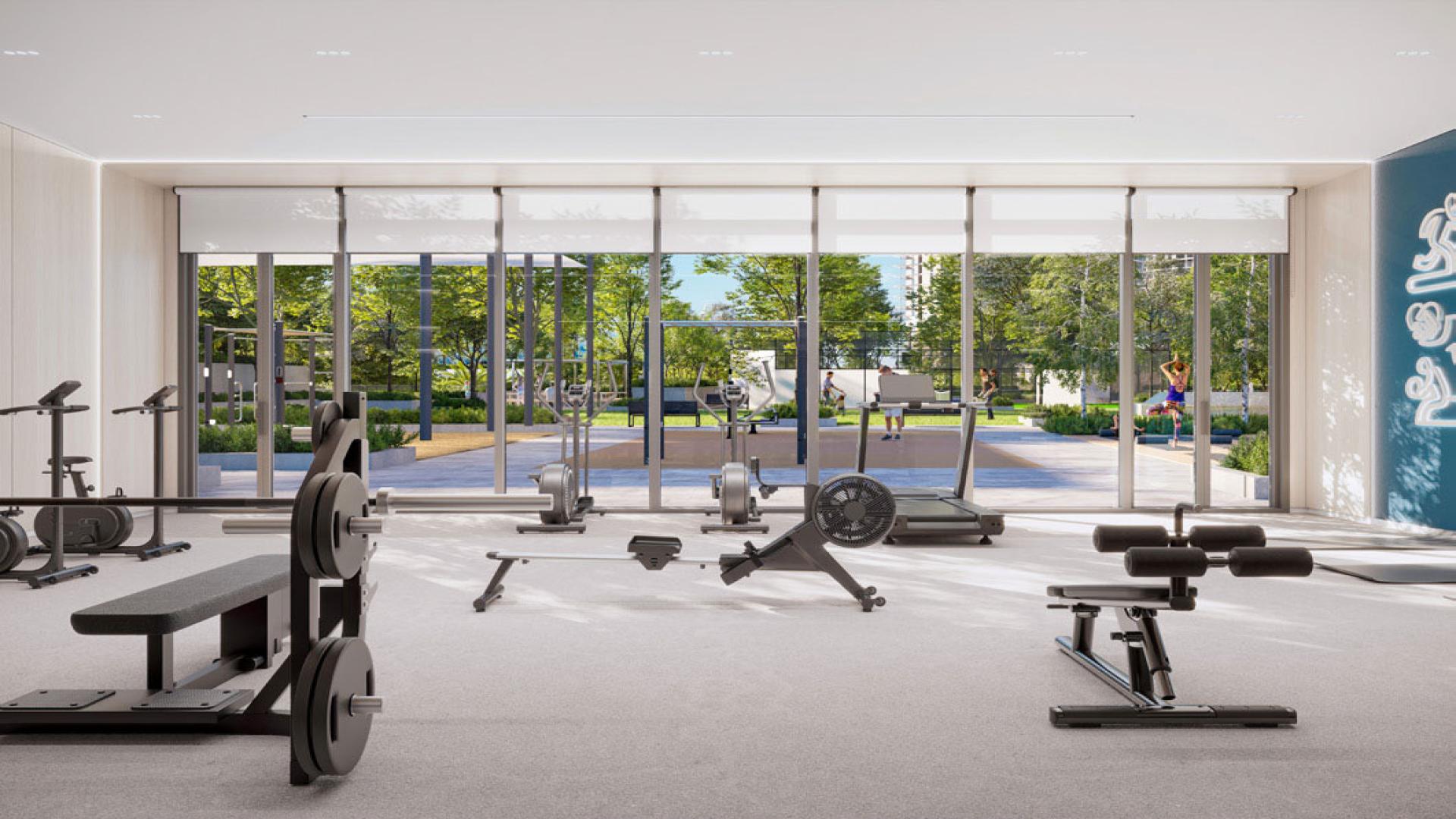 High-floor bedroom in Parkland Apartment, Dubai Hills Estate, with scenic window view