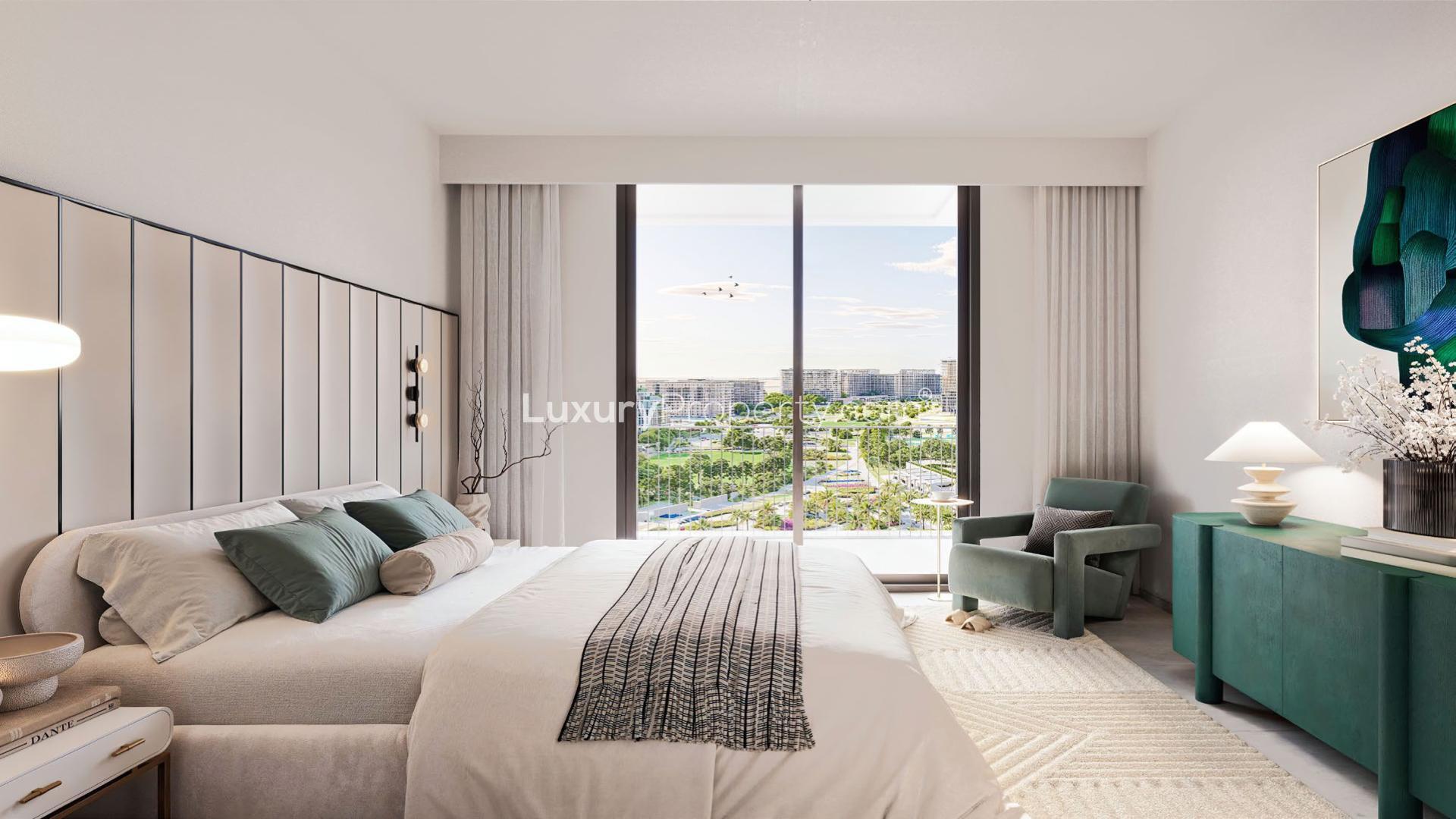 High-floor Dubai Hills Estate apartment with poolside view and lush parkland scenery