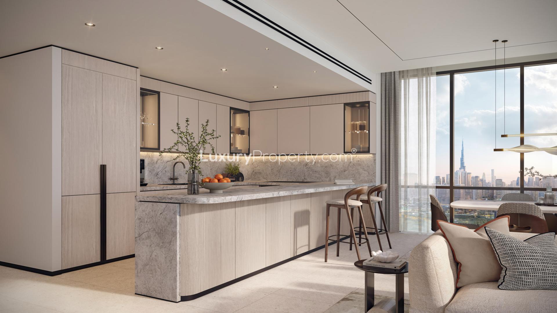 Elegant living area in one-bedroom apartment, Atélis, Dubai Design District, with city views